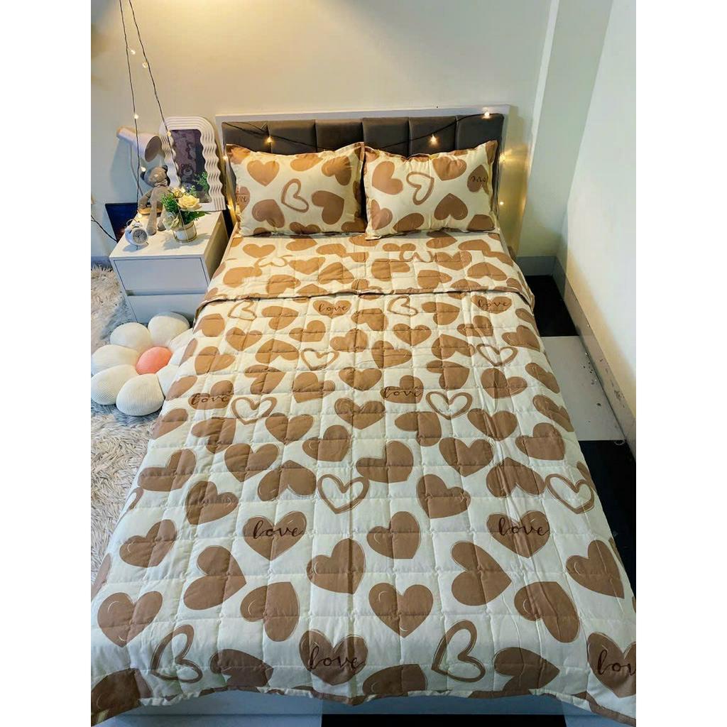 Bộ chăn ga gối Tim Nâu Cotton Poly, set chăn ga gối tim nâu cotton poly miễn phí bo chun ga giường