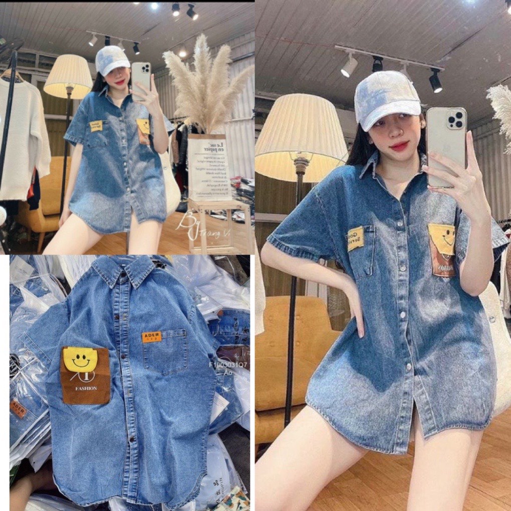Áo sơ mi jean bò cộc tay mạt cười sơ mi phong dáng rộng tay lỡ nam nữ unise sơ mi bò cổ bẻ phong cách hàn