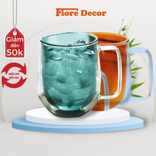 Cốc thủy tinh , ly thủy tinh 2 lớp decor có quai có sẵn 2 màu xanh, vàng Fiore