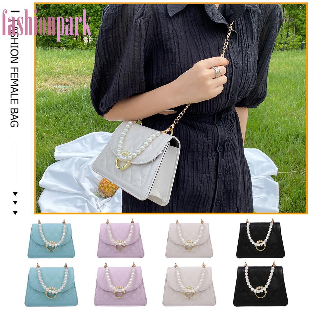 (FAS) Fashion Women Lattice Pattern PU Crossbody Bag Casual Pearl Chain Handbags