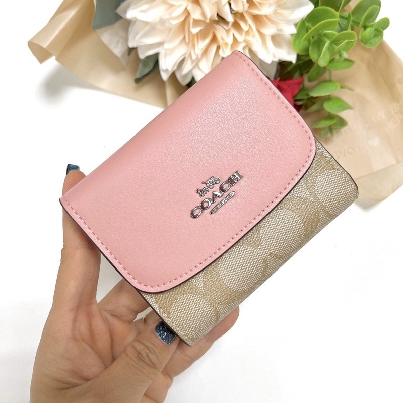 Ví nữ mini Coach da thật pha canvas dáng gấp 3 nhỏ gọn full box