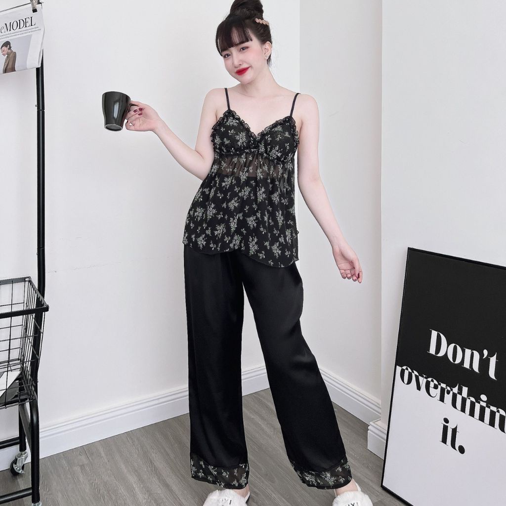 Đồ ngủ nữ mút ngực MIKY, Đồ ngủ sexy lụa Chiffon phối Satin cao cấp mềm mại xinh xắn &lt; 63KG