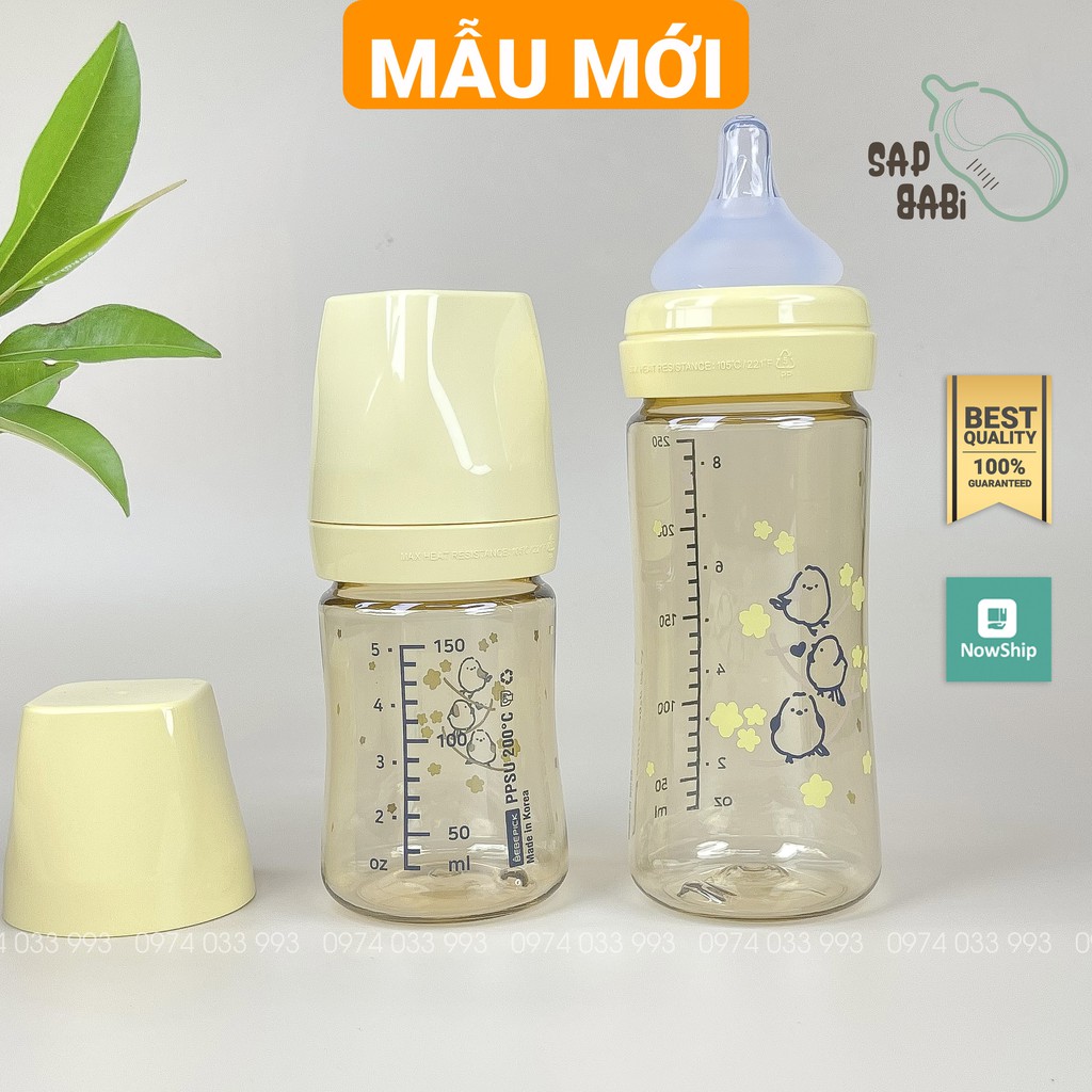 Bình sữa Bebepick Chim Vàng, Mẫu Mới 2021 nội địa Hàn Quốc, size 150ml/250ml PPSU cao cấp