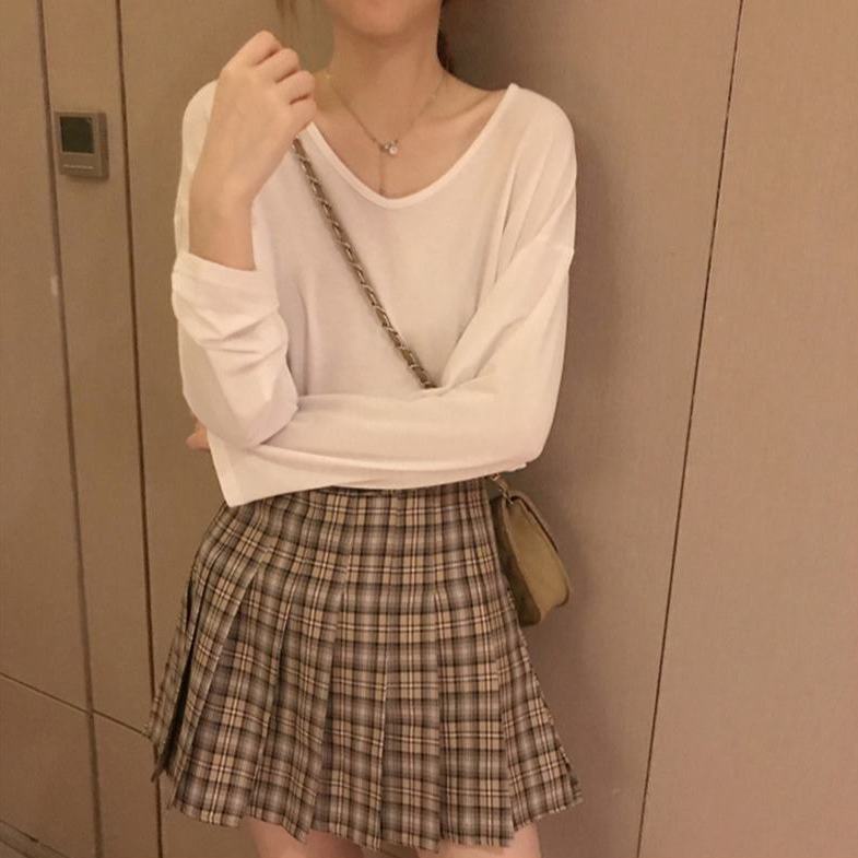 Áo Thun Tay Dài Cổ Chữ V Màu Sắc Đơn Giản Cho Nữ