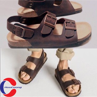 Giày sandal nam nữ da bò thật 2 khóa màu nâu đậm đế trấu unisex - huucuongstore