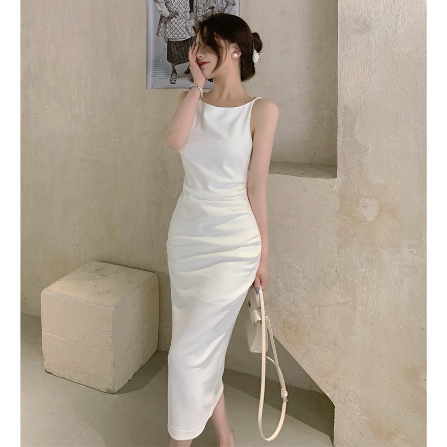 Đầm liền thân trắng hai dây trắng thanh lịch dự tiệc phong cách Hàn Quốc | BigBuy360 - bigbuy360.vn