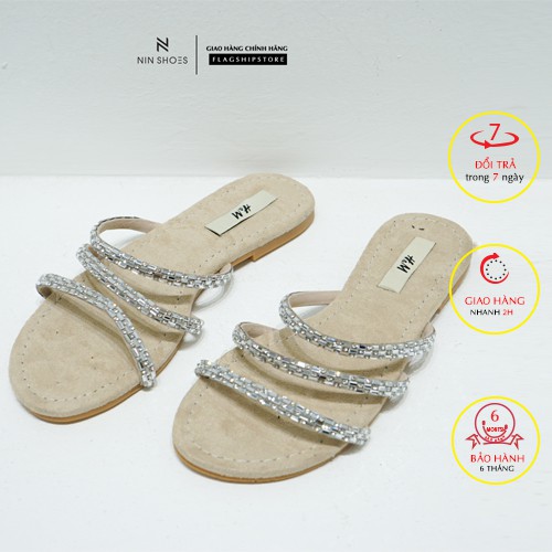 Dép lê nữ Nin shoes - Dép đi biển đế bệt thời trang 3 quai ngang đính đá siêu xinh