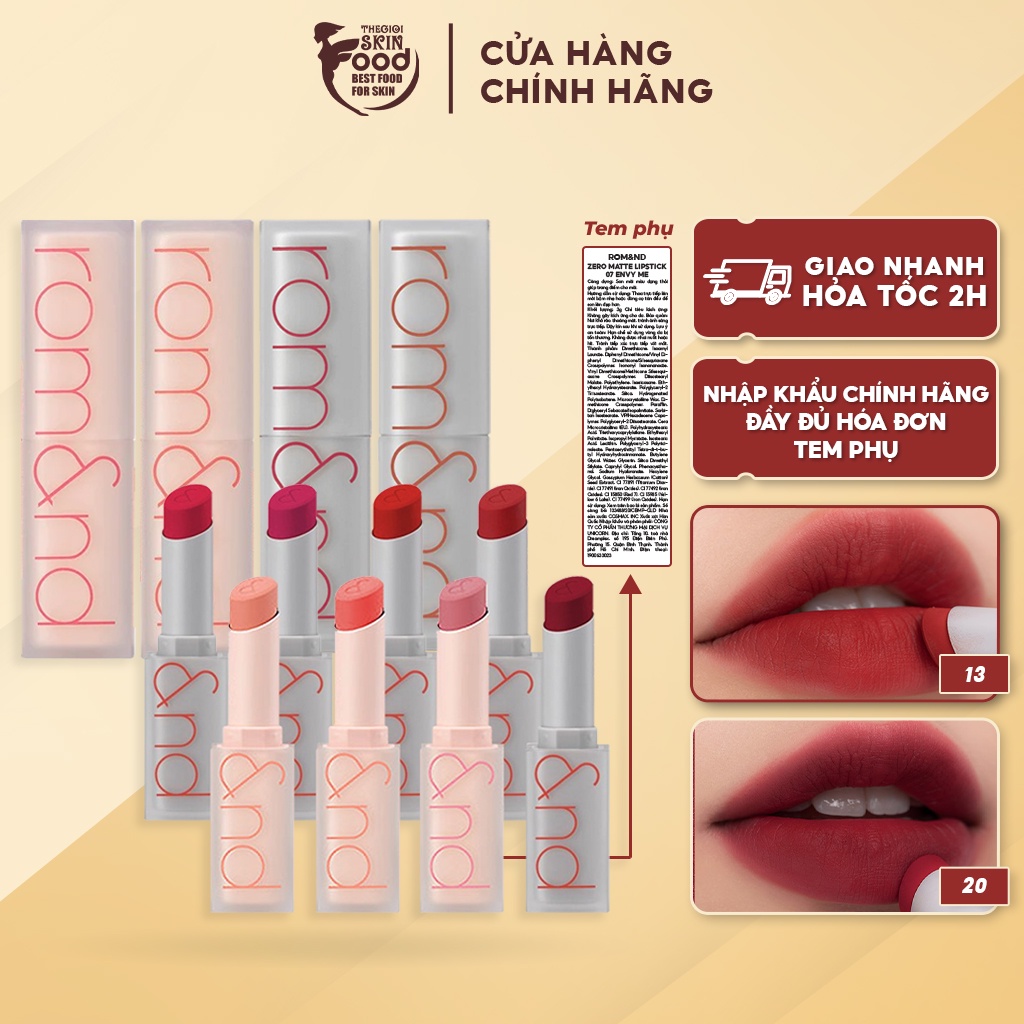 Son thỏi Siêu Lì Cao Cấp Hàn Quốc Romand New Zero Matte Lipstick 3g (02 Gạch MLBB, 09 Nude, 13 Đỏ Cổ Điển)