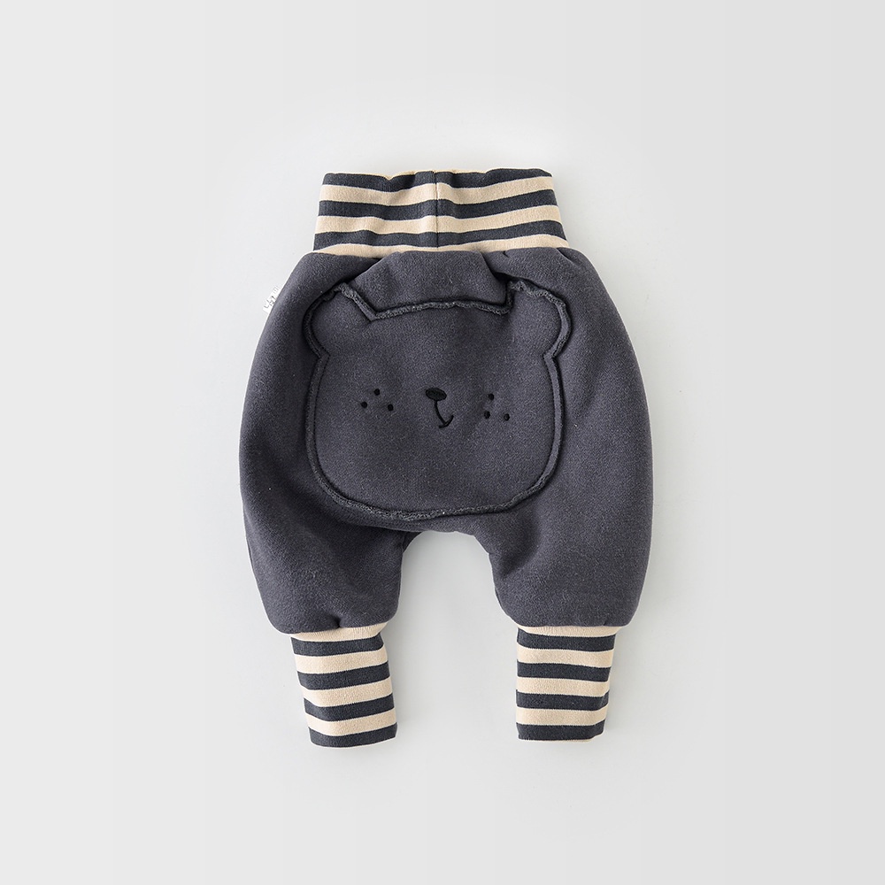 Quần legging phối lông dày dặn họa tiết kẻ sọc kiểu hoạt hình gấu dễ thương cho bé