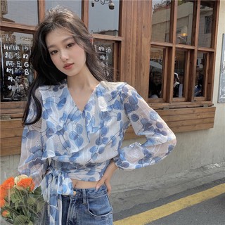 Áo croptop cổ V bèo ngực buộc nơ eo (có ảnh thật)