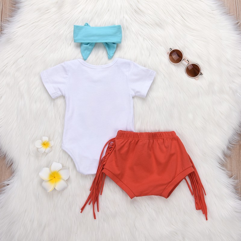 Set áo thun tay ngắn kèm quần phối tua rua và băng đô nơ xinh xắn cho bé gái
