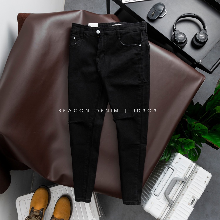 Quần Jean Dài Nam Mẫu Đen Rách Gối BEACON DENIM Form Slim Fit Trẻ Trung JD303