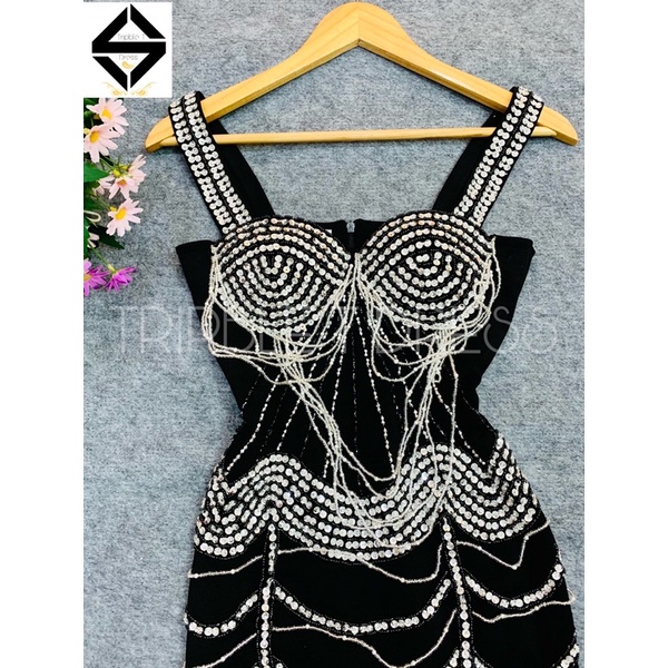 Đầm body dự tiệc kết cườm sang trọng TRIPBLE T DRESS - size M/L ( kèm ảnh/video thật) MS151Y
