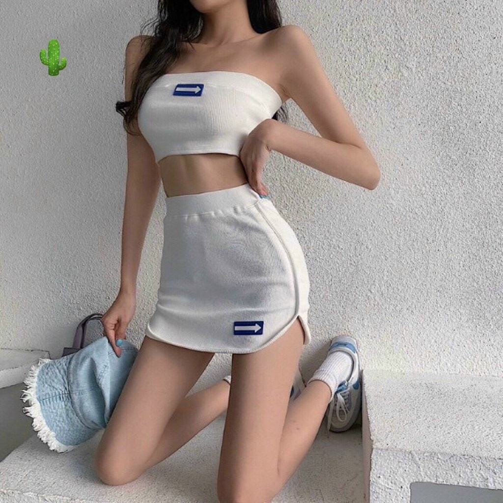 Sét bộ áo ống in mũi tên phối chân váy ngắn body cực xinh , chất thun bozip mềm mịn