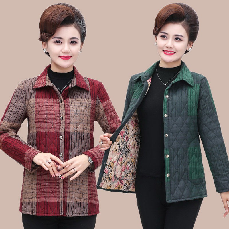 Middle aged fashion♟♟❈Áo khoác kẻ sọc cotton cho người già mẫu mới thu đông phụ nữ trung niên và mỏng mẹ dày