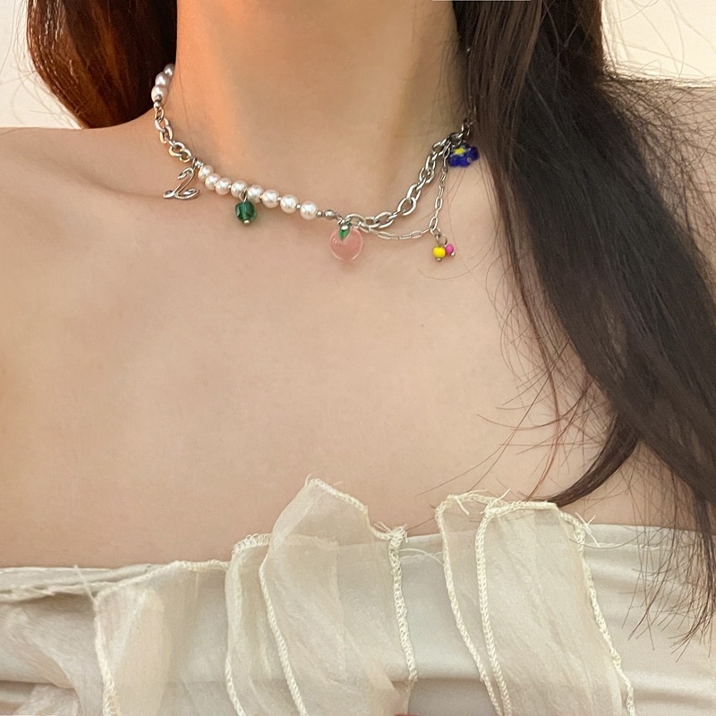 Vòng cổ Thép Titan Mặt Hoa Thủy Tinh Đính Ngọc Trai Dễ Thương