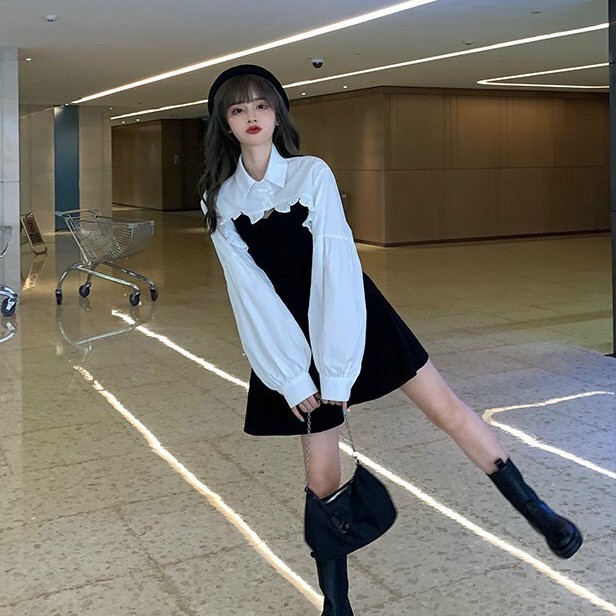 Set áo croptop sơ mi bèo trắng dài tay mix váy 2 dây xòe thời trang nữ diện thu Set23 | BigBuy360 - bigbuy360.vn