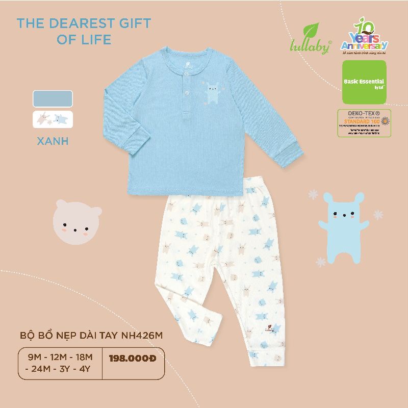 [Lullaby/Chính Hãng] Bộ dài tay chất sợi tre bamboo cho bé trai, bé gái(9m-4y)