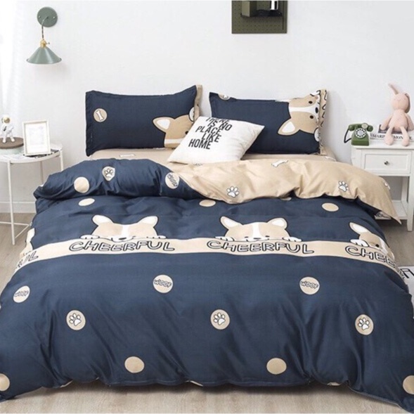 Trọn Bộ 5 Món Vỏ Chăn Ga Gối Cotton Poly Mẫu CHÓ CHE cute cho các bé