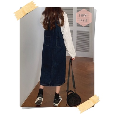 Váy yếm dài Yếm váy Yếm bò dáng dài FIRST DATE màu xanh đậm denim Yếm jean nữ hiện đại năng động | BigBuy360 - bigbuy360.vn