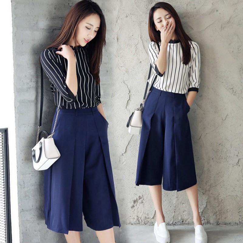 Set áo sọc cổ tròn tay lỡ + quần lửng form rộng thời trang cho nữ