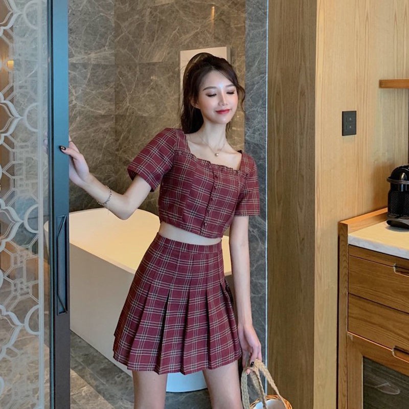 áo khoác ngắn mùa hè xếp ly váy hot girl jk nữ sinh phiên bản Hàn Quốc bộ đồ nhỏ lưới a-line màu đỏ đô giảm tuổ