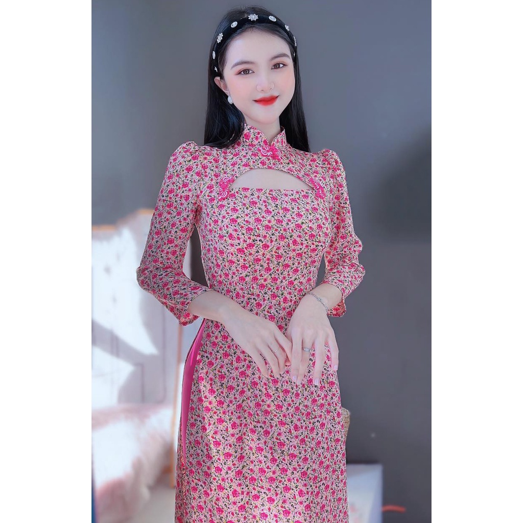 Áo dài hoa cách tân nữ kiểu cổ đính nút tàu CHUU AD8065 - không kèm quần
