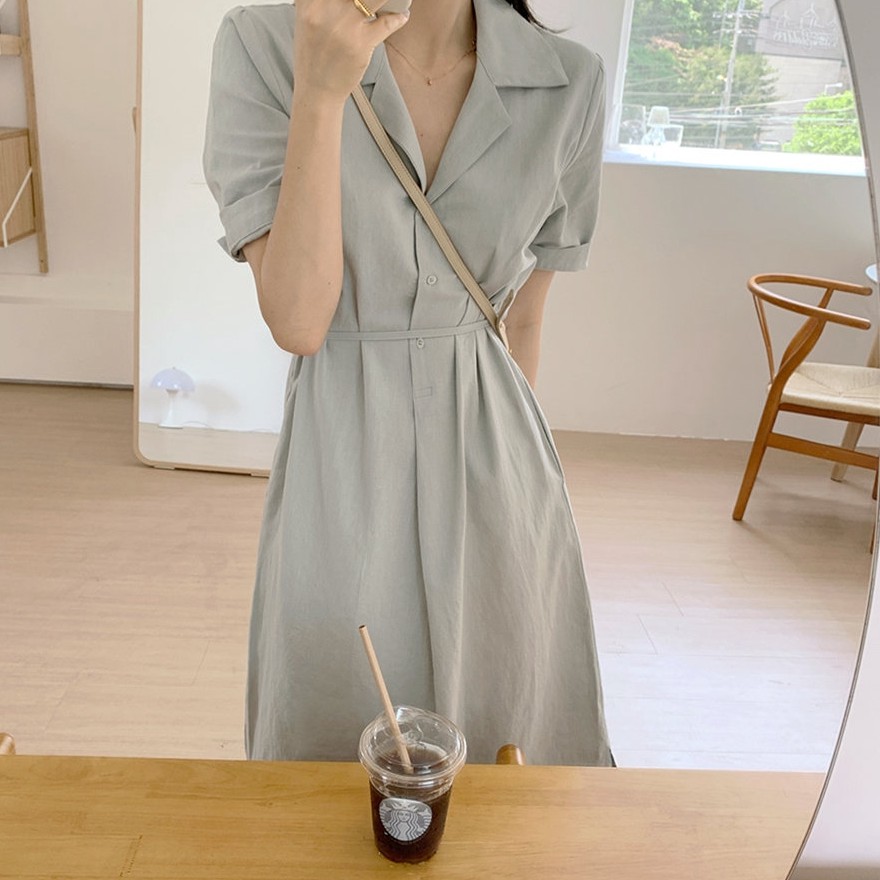 Đầm Sơ Mi Dáng Dài Cột Dây Màu Sắc Đơn Giản 35907
