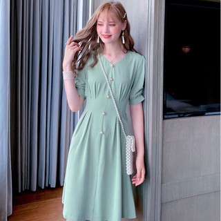 Đầm váy freesize mint nút ngọc thắt nơ