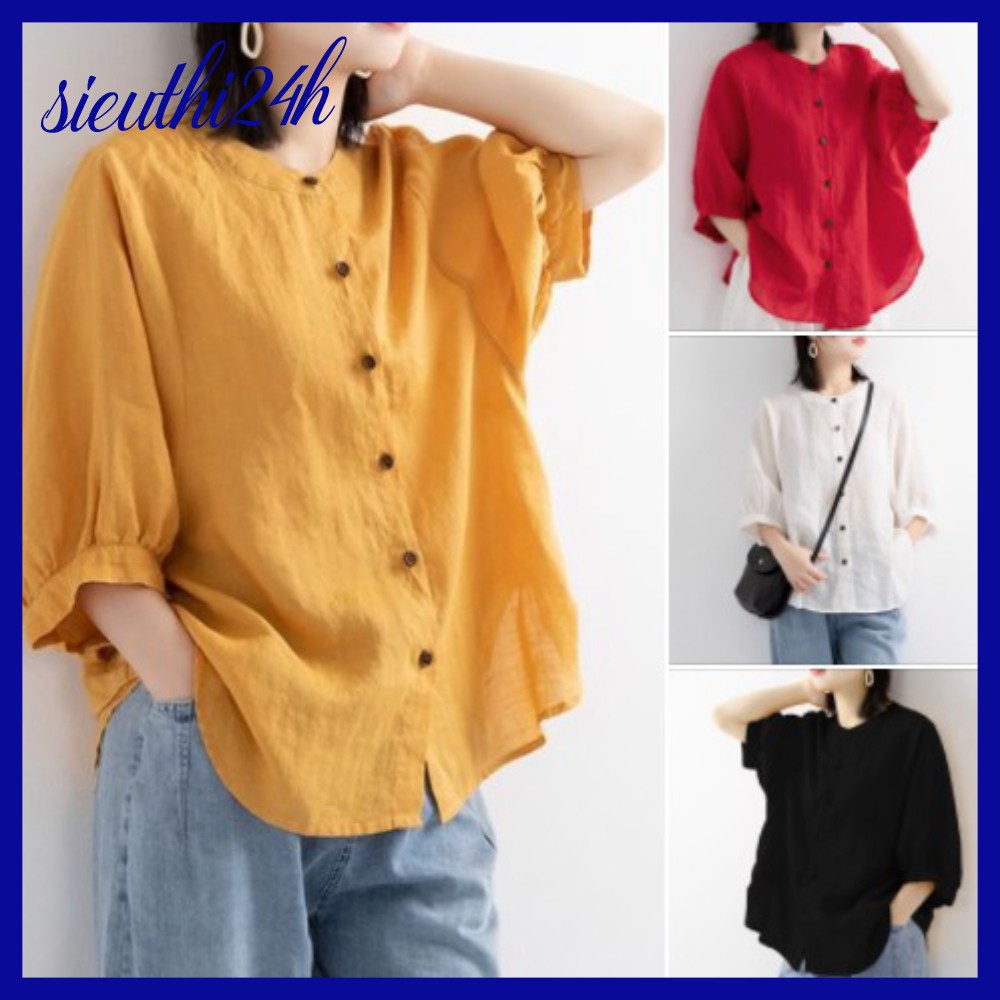 Sơ mi kiểu nữ bigsize cổ tàu Siêu thị 24 giờ, chất liệu mềm mát, form rộng che khuyết điểm SMH.34 | BigBuy360 - bigbuy360.vn