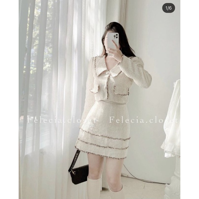Set croptop bố dạ cổ sen viền + Chân váy chữ A