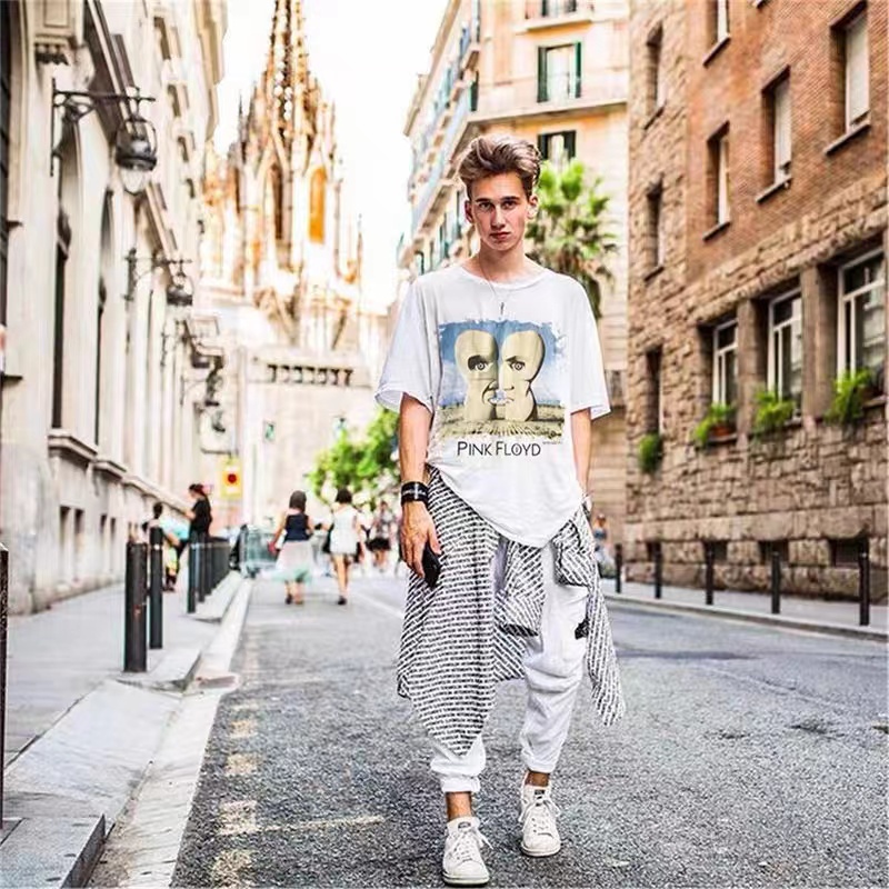 PINK FLOYD rock white ghost vintage washed old retro short-sleeved high street loose T-shirt Kanye with the same style