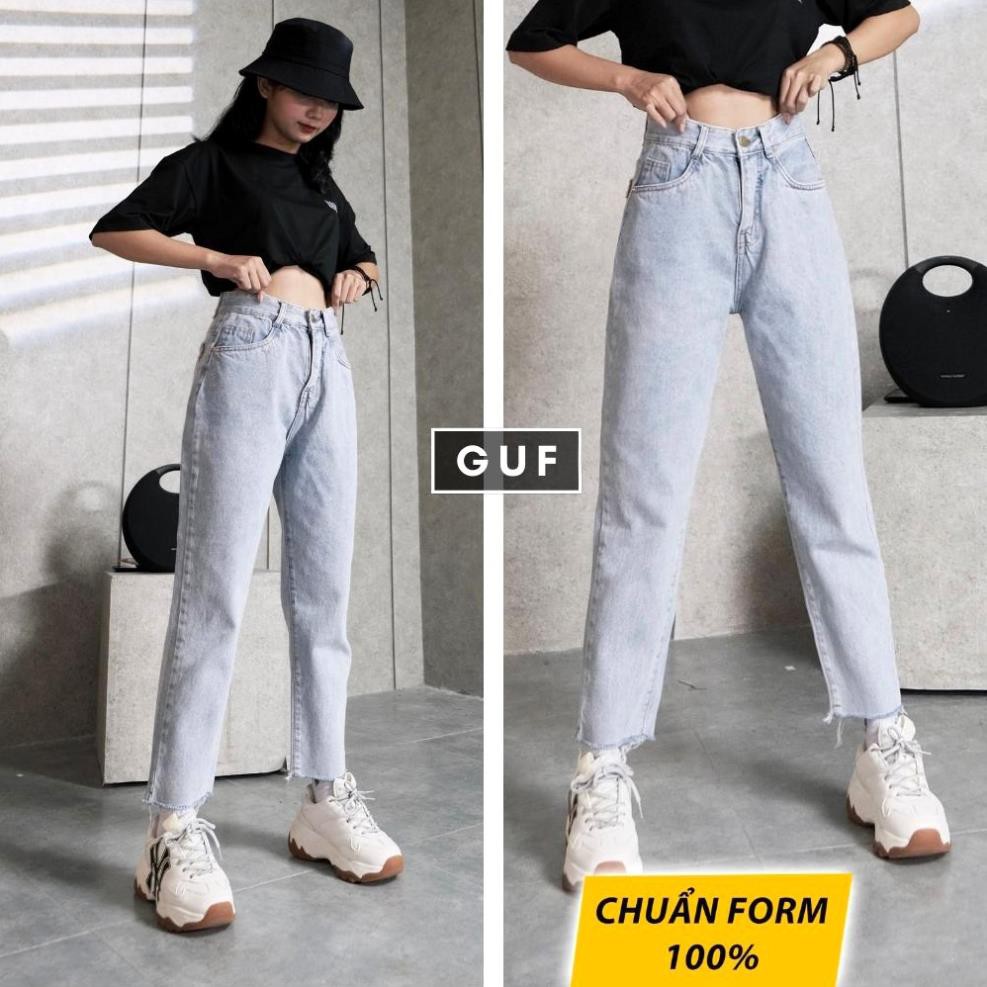 Quần Jean Nữ Dáng Baggy Cạp Lưng Cao Trơn Chất Bò Dày Dặn Màu Xanh Nhạt Sáng , _