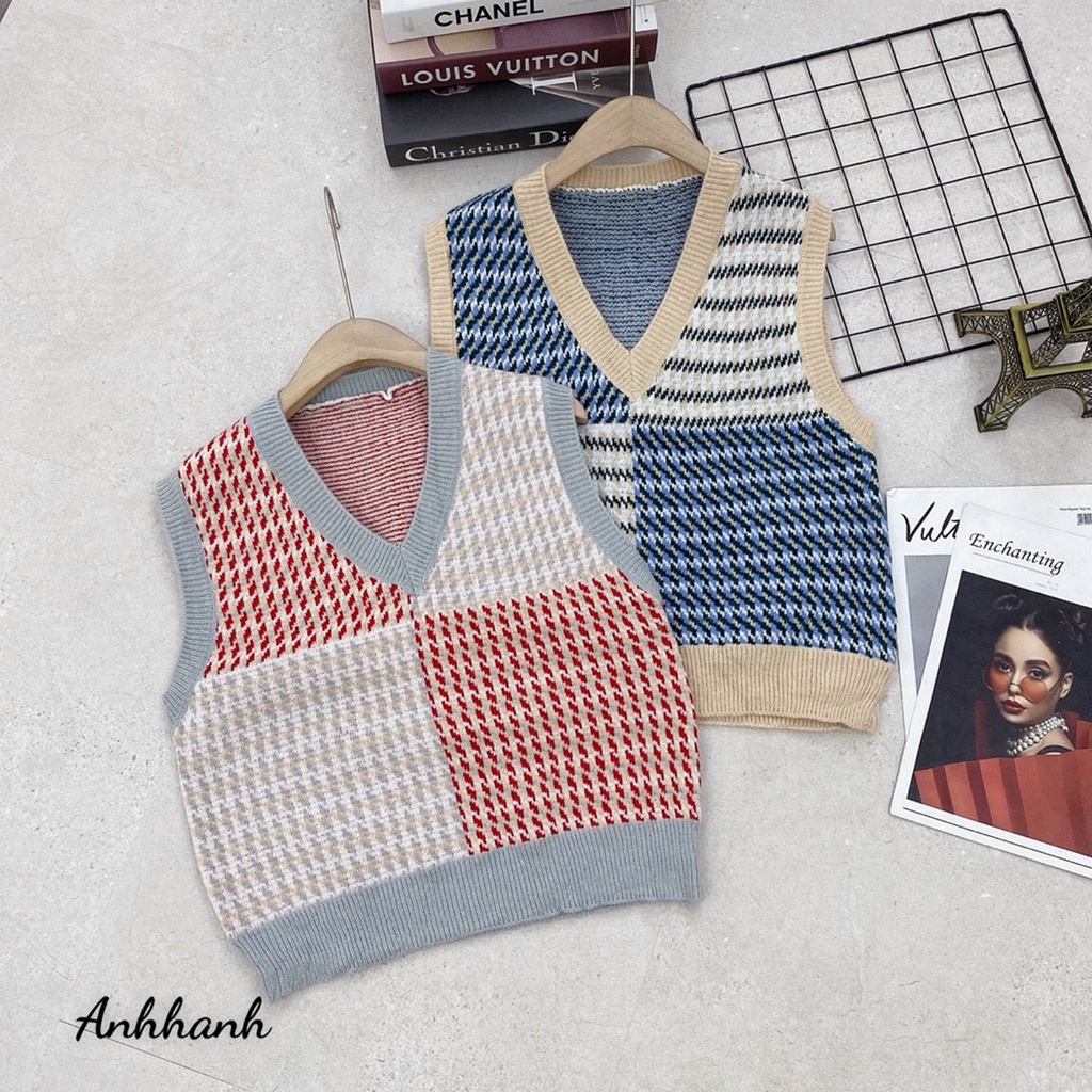 Áo gile len kẻ ô vuông style Hàn_Xưởng May Quang Anh