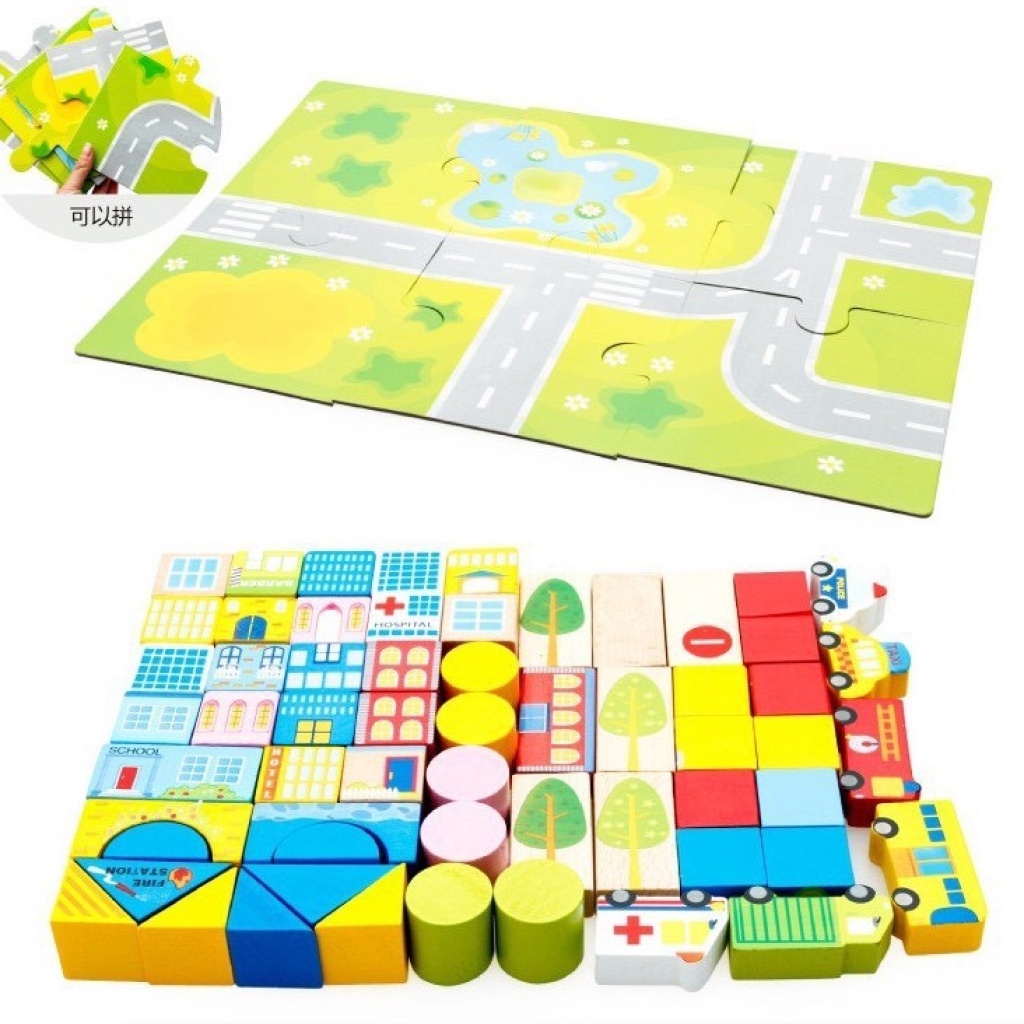 Đồ chơi xếp hình mô hình thành phố 62 chi tiết bằng gỗ - đồ chơi trí tuệ Bonkids toys