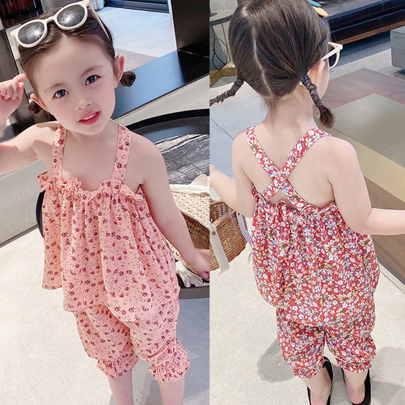 Bộ Áo Hai Dây Họa Tiết Hoa + Quần Dài Phong Cách Hàn Quốc Cho Bé Gái