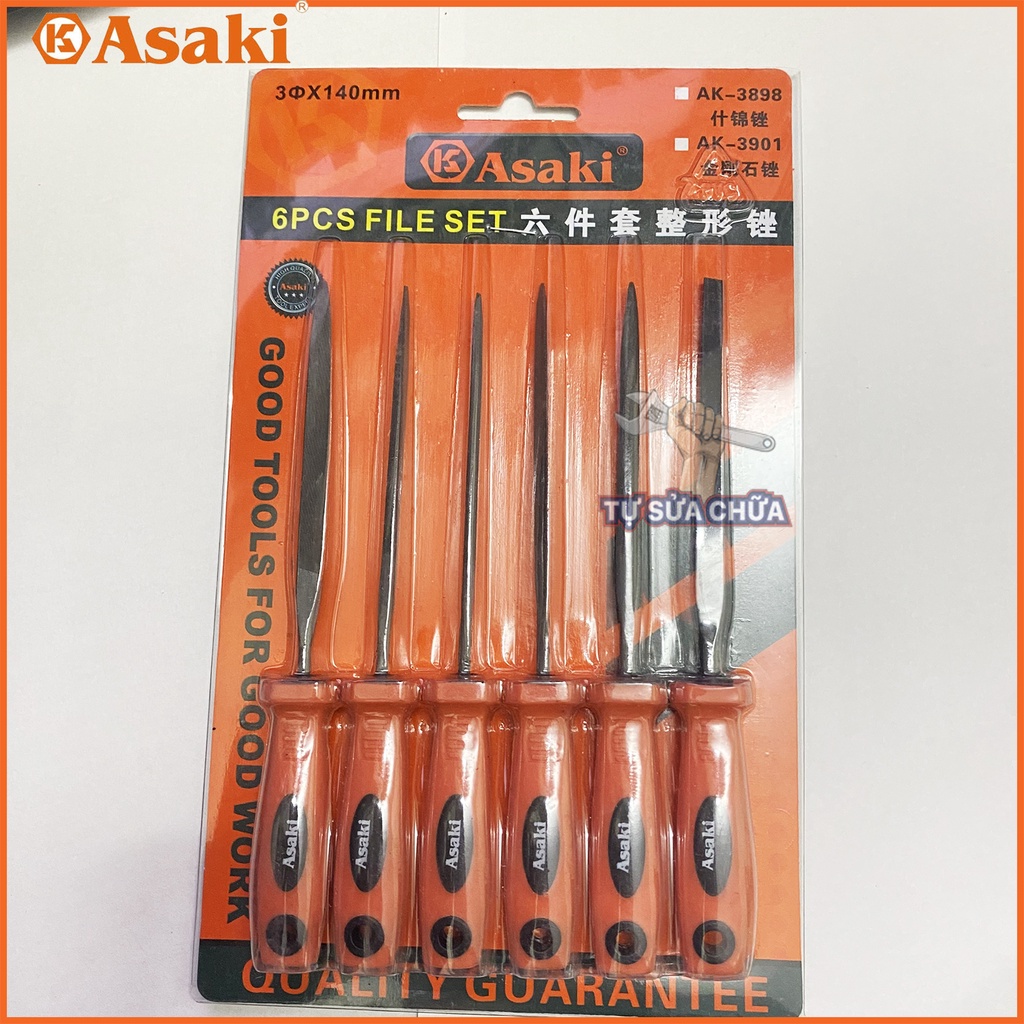 Bộ 6 dũa mài kim loại hợp kim 3x140mm Asaki AK-3898, thép carbon T2 chống mài mòn, dũa mini cao cấp