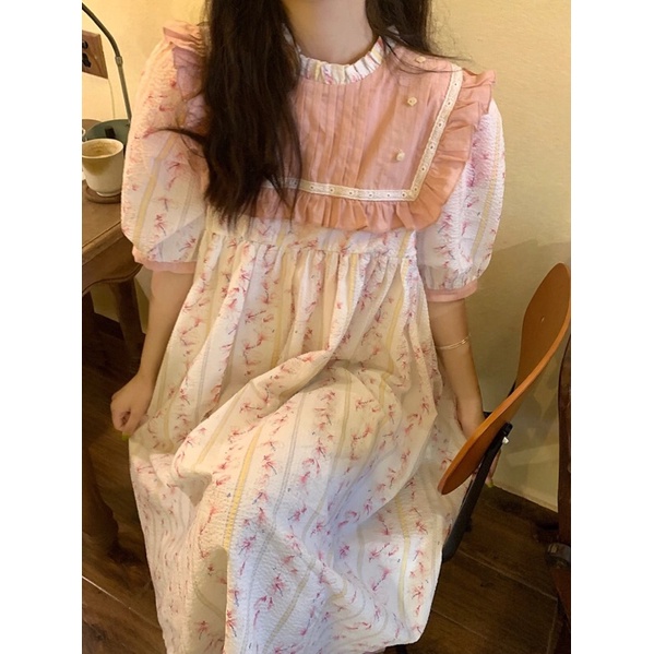 Váy babydoll hoa nhí trắng hồng tay phồng cổ cách điệu dễ thương đáng yêu hàn quốc