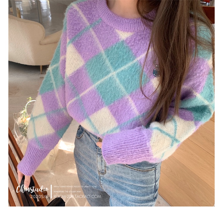 Áo len ngắn dáng rộng tay dài phong cách retro thời trang Hàn Quốc