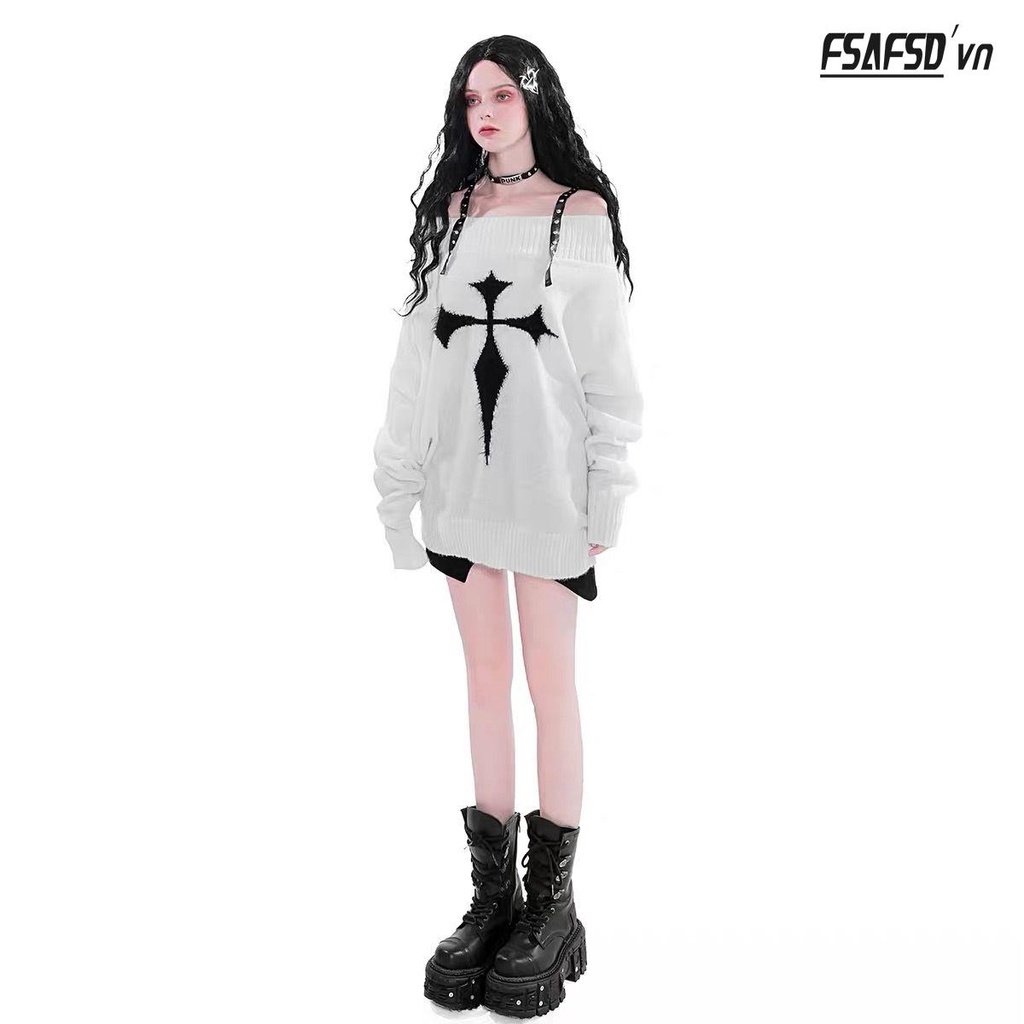 Áo Sweater Dệt Kim Trễ Vai Phối Đinh Tán Xinh Xắn Dành Cho Nữ