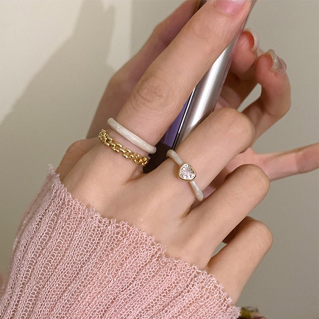 Nhẫn nữ hở có thể điều chỉnh size  ngón trỏ, ngón giữa mạ vàng sơn trắng đục thiết kế dây xich siêu lạ Boho