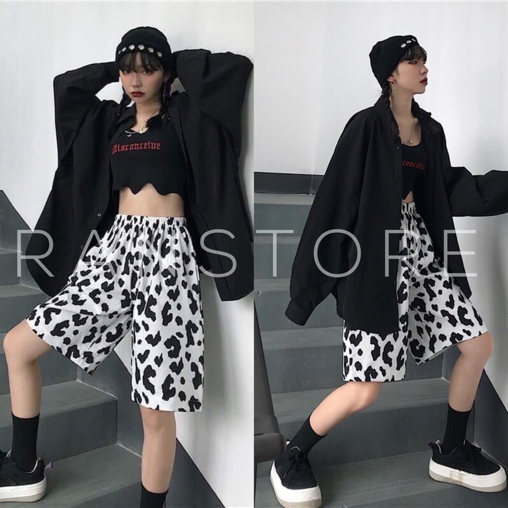 Quần shorts lửng unisex loang bò sữa có túi trẻ trung cá tính/ Quần thể thao cạp chun ống rộng thời trang nữ_ranstore