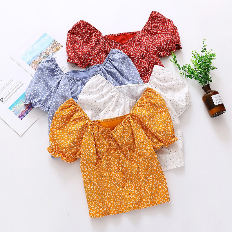 Áo Croptop Vải Voan Hoạ Tiết Hoa Thiết Kế Trễ Vai Quyến Rũ | BigBuy360 - bigbuy360.vn