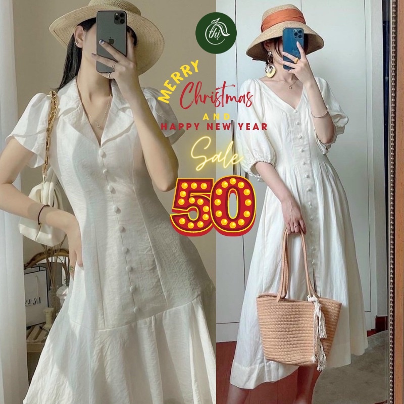 Váy trắng cổ vest nút bọc tay sen đuôi cá, phong cách tiểu thư (kèm ảnh thật) - Từ tiệm váy nàng Thị
