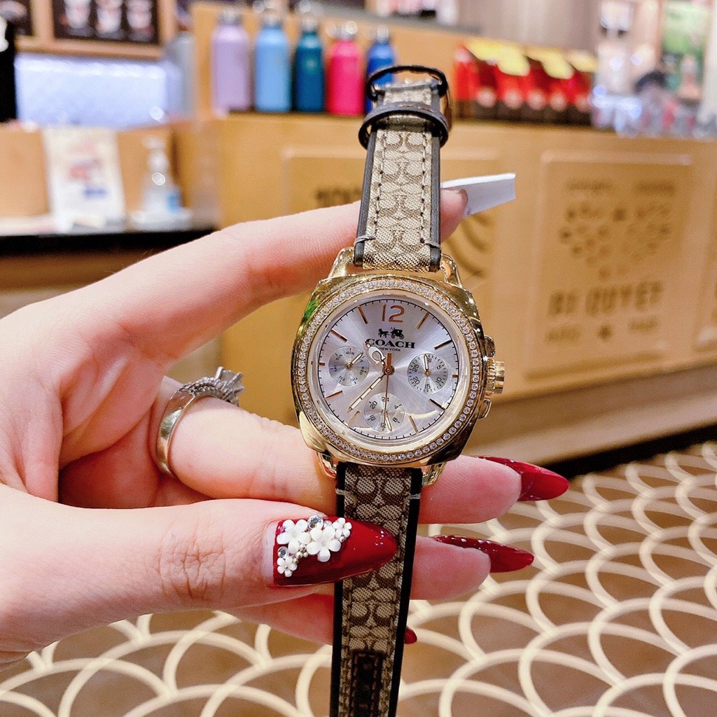 Đồng Hồ Nữ Coach 6 Kim Dây Da Mặt Đính Đá Vỏ Gold 35mm