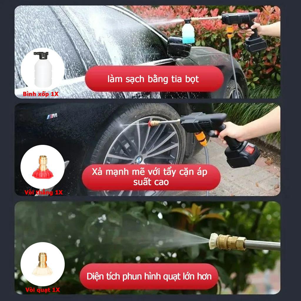 Máy rửa xe cầm tay cao áp chạy bằng pin sạc, súng rửa xe dùng cho gia đình có  tạo bọt cao cấp