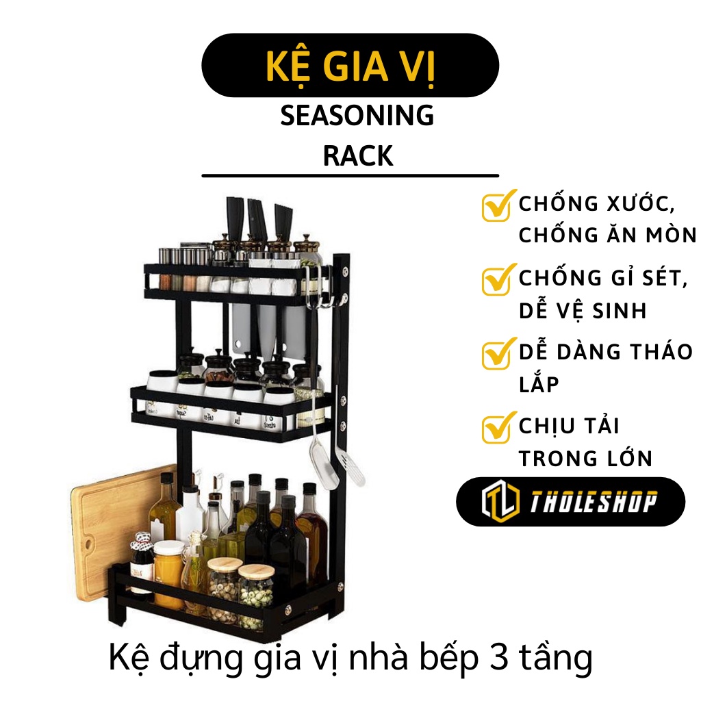 Kệ Đựng Gia Vị - Kệ Nhà Bếp 3 Tầng Tiện Ích Có Móc Treo, Ống Đựng Đũa, Giá Để Thớt 10607