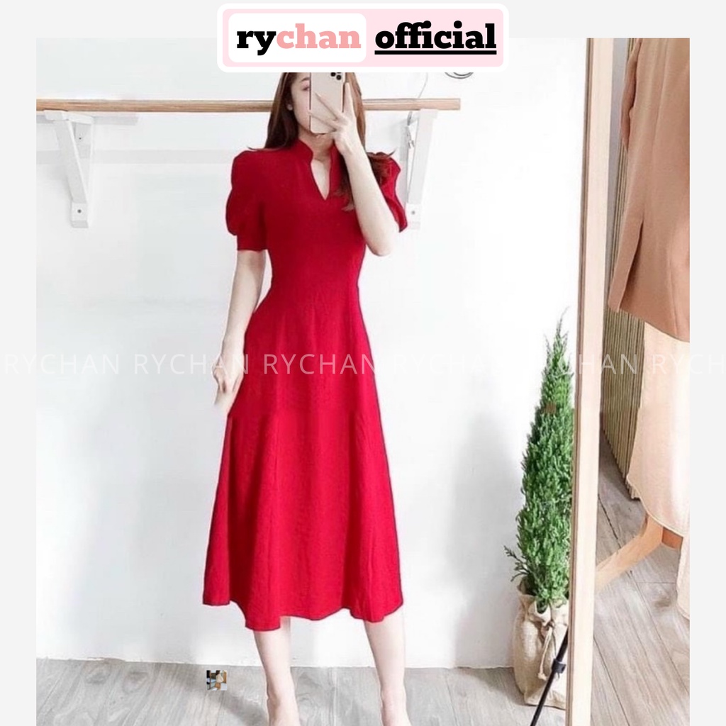 Đầm Váy Nữ Dự Tiệc Sang Trọng Cổ Trụ Tay Phồng Ngắn, Đầm Nữ Form Dài Màu Kem Đỏ [ẢNH THẬT CUỐI] - DX9918