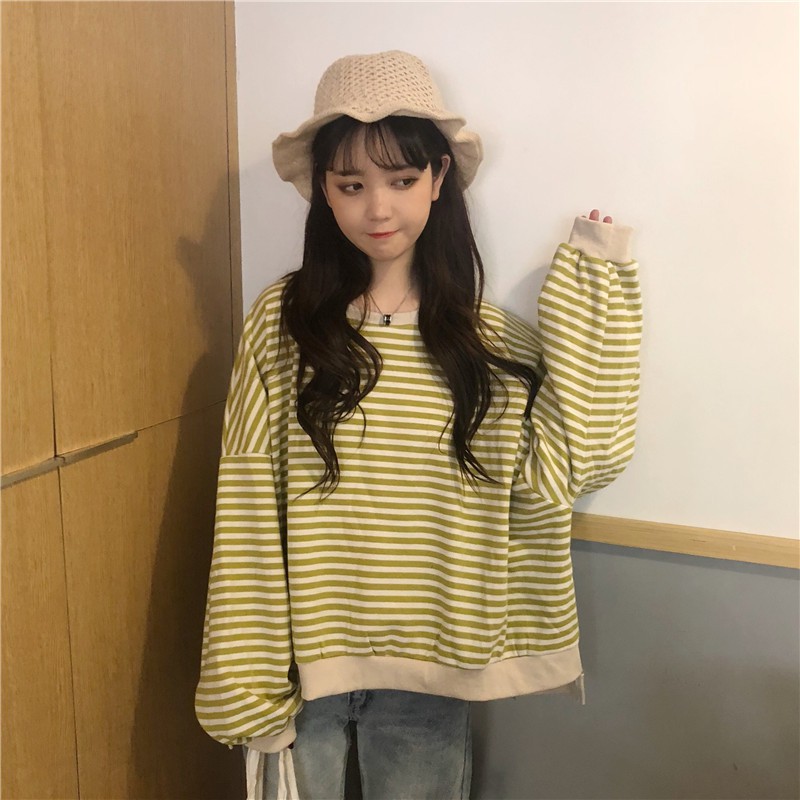 Áo Sweater Mỏng Tay Dài Cổ Tròn Kẻ Sọc Thời Trang Xuân Thu 2020 Mới Cho Nữ