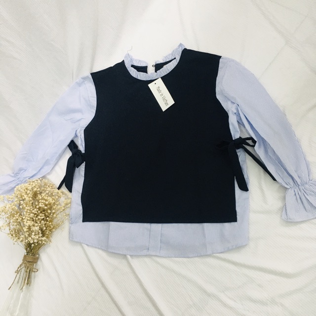 Áo babydoll xanh đen phối soc cột nơ (có ảnh thật)